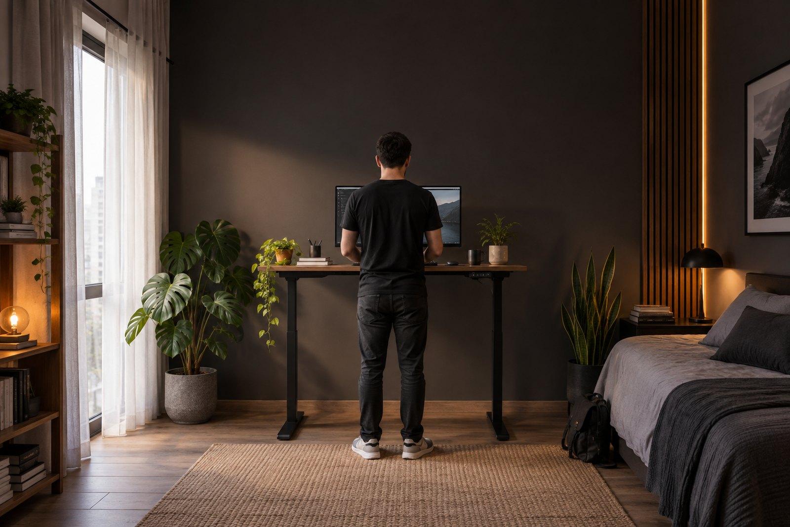 Hombre trabajando de pie en un escritorio elevable Plantify junto a la ventana, con plantas