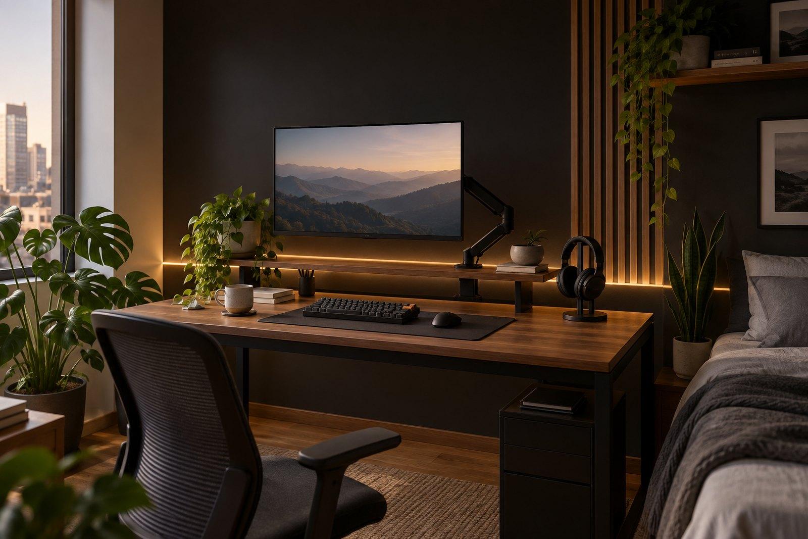 Setup con monitor en brazo, teclado y plantas sobre escritorio de madera