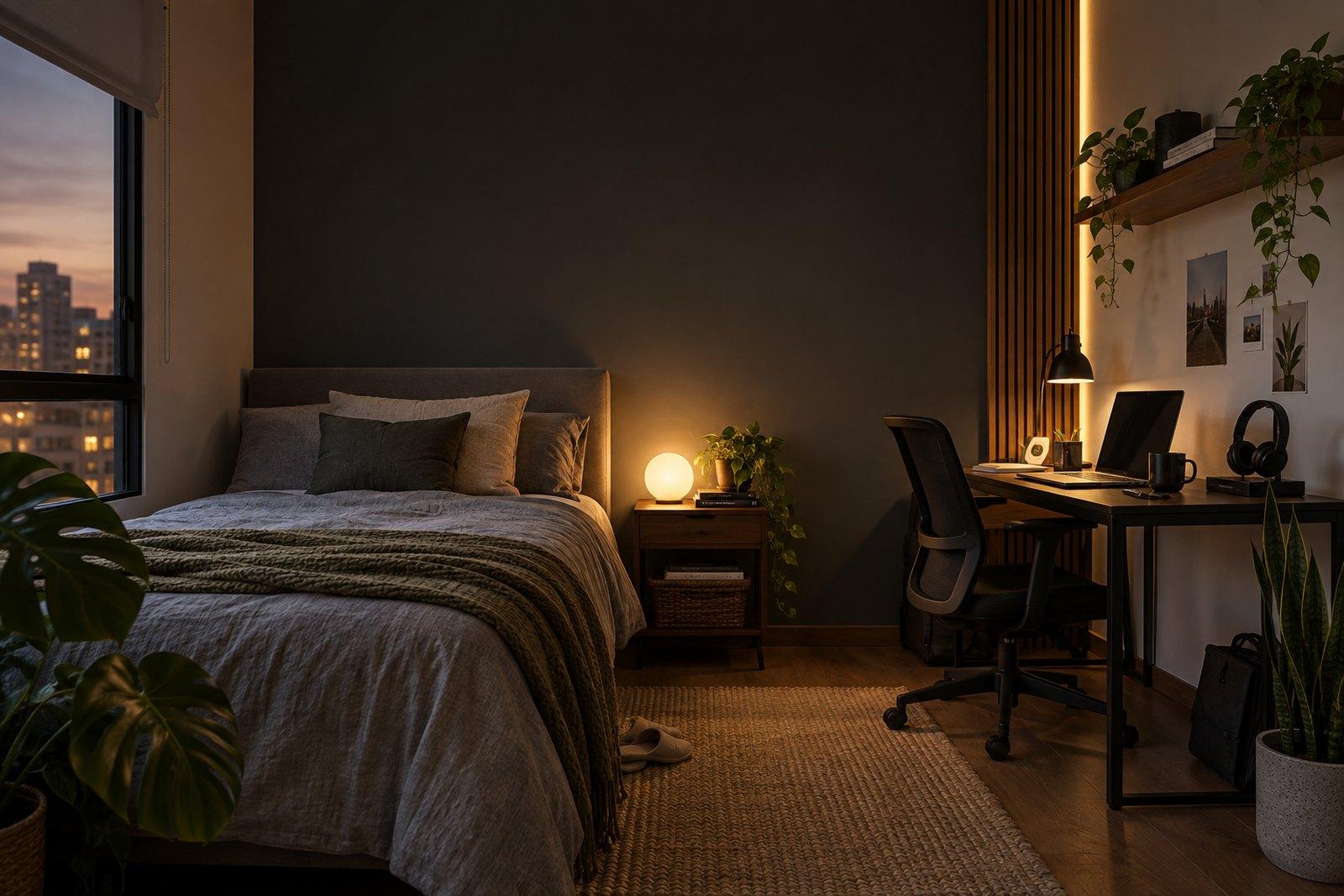 Cuarto pequeño con cama y escritorio negro para trabajar desde casa