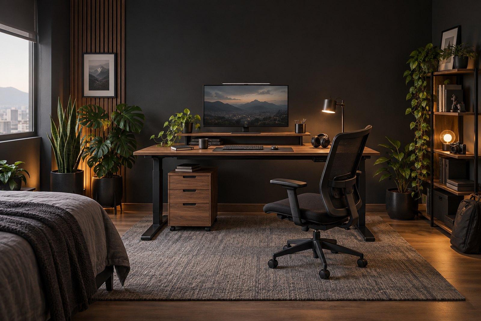 Setup completo: escritorio elevable, base para monitor, cajonera y silla en un cuarto grafito